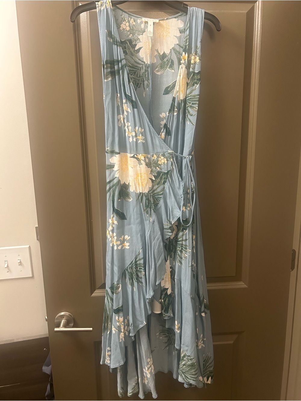 Leith Blue Floral High-Low Wrap Dress with Yellow Blooms
